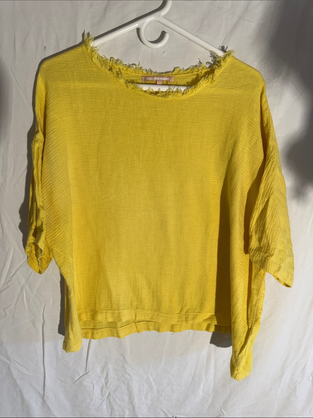 Cali Dreaming Yellow Frayed-Neck Lightweight Knit Top